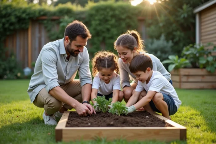 Famille diverse jardinant ensemble dans un jardin extérieur pour partager des activités éducatives et de bien-être
