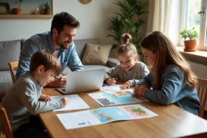Famille qui planifie ses vacances ensemble autour d'un catalogue de voyages et d'un ordinateur portable