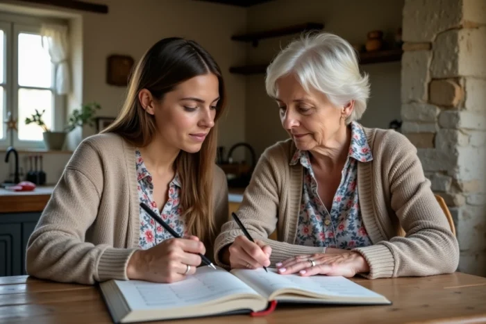 Grand-mère et petite-fille consultant un registre généalogique familial dans une ferme française rurale