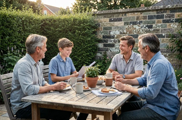 Famille profitant d'un petit-déjeuner ensemble sur la terrasse extérieure le week-end