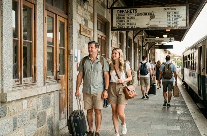 Famille de touristes embarquant dans un train historique corse à la gare de Corte avec bagages