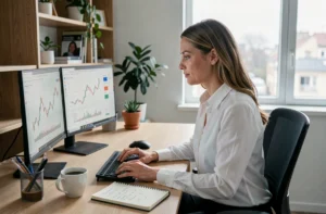 Femme dans la trentaine analysant des graphiques financiers sur double écran dans un bureau à domicile moderne et minimaliste