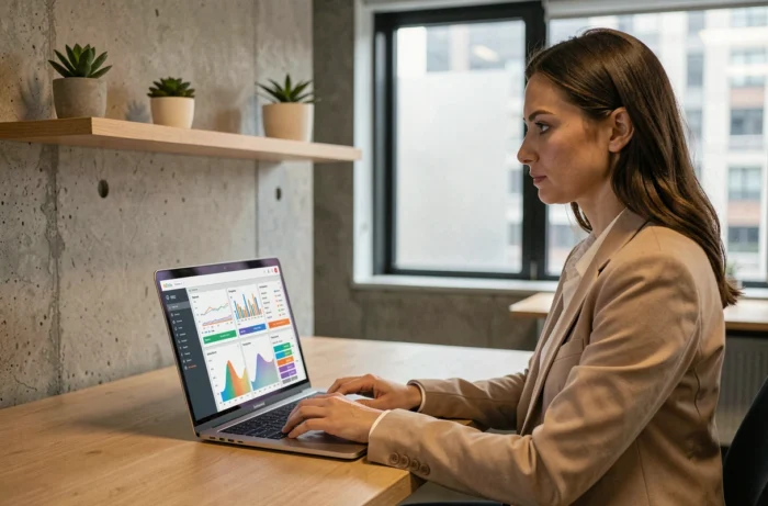 Femme professionnelle analysant des données SEO et des tableaux de bord de référencement sur un ordinateur portable dans un bureau moderne