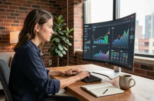 Femme analysant des tendances numériques sur un grand écran dans un bureau moderne avec données et graphiques