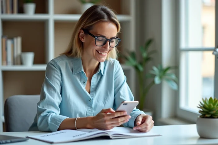 Femme consultant l'application bancaire Société Générale pour réserver ses vacances famille 2026