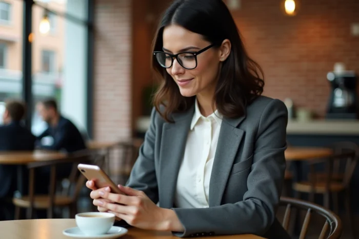 Jeune femme consultant une application de trading en bourse depuis un café urbain