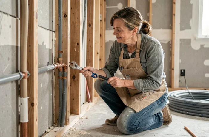Femme bricolant un raccordement PER cuivre dans un mur ouvert lors d'une rénovation de cuisine
