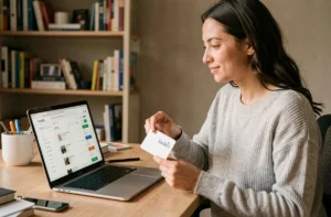 Femme utilisant une carte cadeau Kadéos pour faire un achat sur Amazon depuis son bureau à domicile