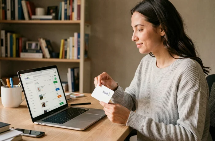 Femme utilisant une carte cadeau Kadéos pour faire un achat sur Amazon depuis son bureau à domicile