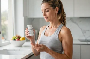 Femme lisant l'étiquette d'un complément alimentaire Haplex Plus dans une cuisine moderne