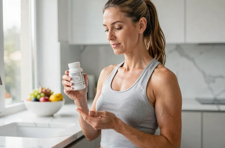Femme lisant l'étiquette d'un complément alimentaire Haplex Plus dans une cuisine moderne