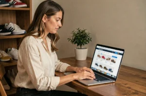 Femme consultant un site web dédié aux passionnés de chaussures sur un ordinateur portable dans un bureau cosy