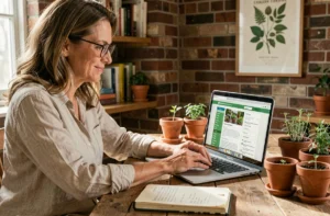 Femme consultant le plan d'un blog jardinage sur un ordinateur portable dans un bureau rustique avec des plantes aromatiques