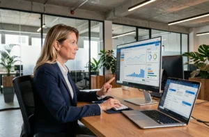 Femme cadre dirigeante analysant des données B2B sur un écran dans un bureau moderne pour optimiser la gestion d'entreprise