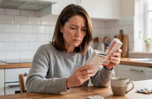 Femme lisant la notice de médicaments Doliprane et Aérius avant de les prendre ensemble
