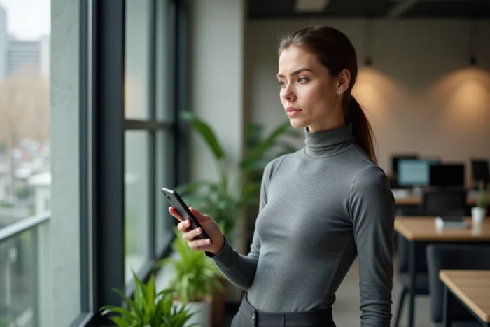 Femme dubitative consultant un forum sur son smartphone dans un espace de co-working moderne