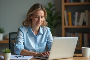 Femme consultant son ordinateur portable pour contacter CDC Habitat par email depuis son bureau à domicile