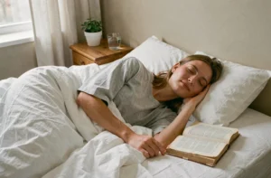 Jeune femme endormie dans un lit blanc, symbolisant le sommeil et l'interprétation des rêves