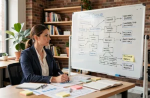 Femme entrepreneur analysant un modèle de business sur un tableau blanc dans un espace de coworking moderne