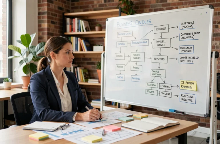 Femme entrepreneur analysant un modèle de business sur un tableau blanc dans un espace de coworking moderne