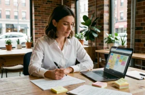 Femme entrepreneur en train de planifier la création de son entreprise à son bureau dans un espace de coworking moderne