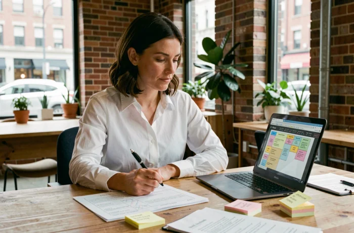 Femme entrepreneur en train de planifier la création de son entreprise à son bureau dans un espace de coworking moderne