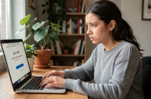Jeune femme frustrée face à une erreur de connexion sur son compte en ligne depuis un ordinateur portable à domicile