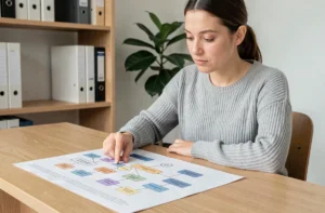 Femme étudiant un plan de site web imprimé sur un bureau en bois dans un bureau à domicile organisé