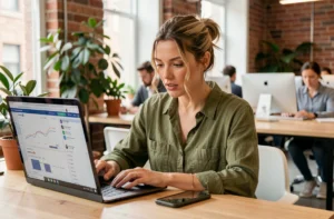 Femme professionnelle gérant sa présence sur les réseaux sociaux depuis un espace de coworking moderne