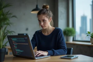 Femme travaillant sur un ordinateur portable dans un bureau moderne, illustrant l'univers de l'informatique et de la technologie au quotidien