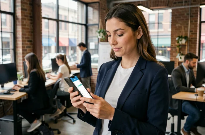 Femme consultant une application d'investissement boursier sur smartphone dans un espace de coworking