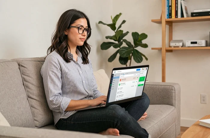Jeune femme à lunettes utilisant un laptop sur un canapé moderne pour gérer des téléchargements via une interface de partage de fichiers