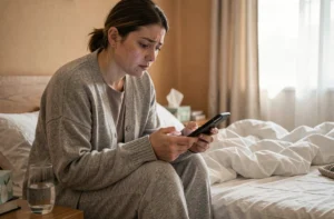 Femme malade en pyjama assise sur son lit envoyant un message d'absence maladie à son employeur depuis son smartphone