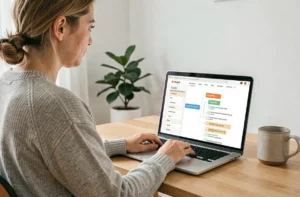 Femme naviguant sur le plan du site irist.fr depuis un bureau à domicile moderne