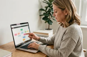 Femme naviguant sur le plan du site d'un service après-vente sur son ordinateur portable dans un bureau à domicile moderne