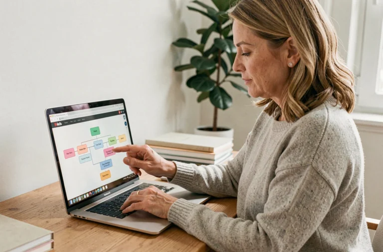 Femme naviguant sur le plan du site d'un service après-vente sur son ordinateur portable dans un bureau à domicile moderne
