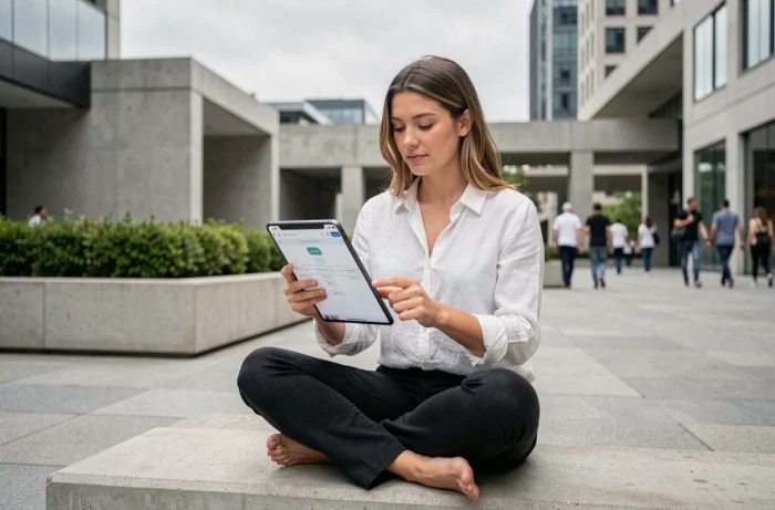 Jeune femme naviguant sur une page sitemap depuis une tablette assise dans une place urbaine moderne