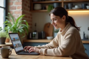 Femme consultant des petites annonces en ligne sur un ordinateur portable dans une cuisine française moderne