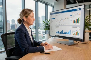Femme professionnelle analysant des données d'investissement immobilier sur un site dédié depuis son bureau moderne en ville