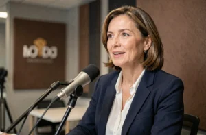 Femme professionnelle enregistrant une vidéo d'entreprise dans un studio moderne avec microphone de qualité