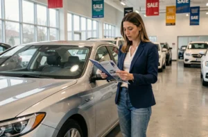 Femme examinant une brochure de promotions automobiles dans une concession moderne avec des véhicules en exposition