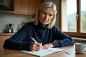 Femme écrivant un chèque avec un ancien carnet de chèques à une adresse périmée, assise dans une cuisine moderne