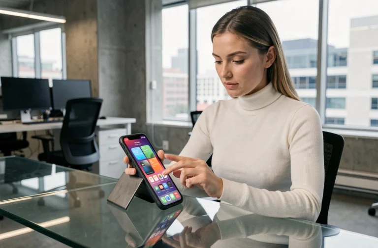 Femme utilisant un smartphone pliable dernière génération dans un bureau moderne high-tech