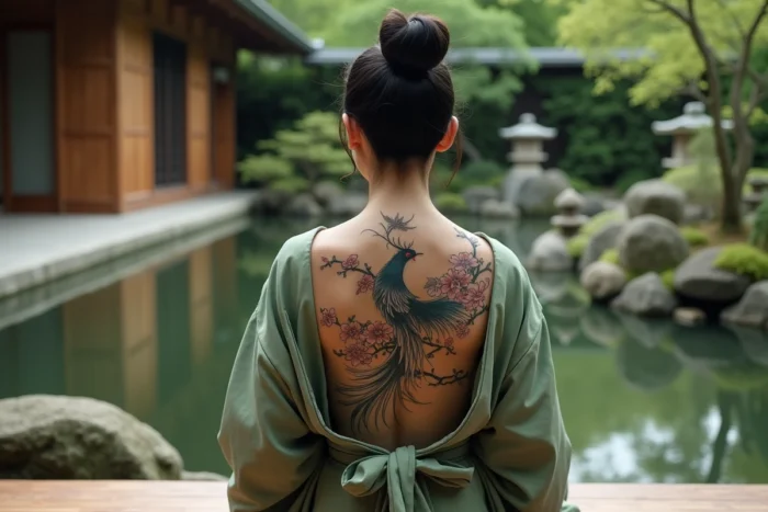 Femme portant un tatouage phénix japonais sur le dos, vêtue d'un kimono dans un jardin japonais traditionnel