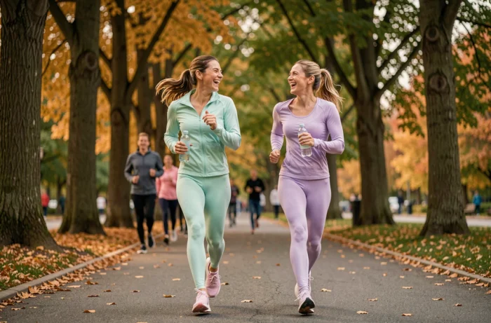Deux femmes faisant leur jogging ensemble dans un parc urbain en automne, partageant un moment de convivialité et d'activité physique pour leur bien-être