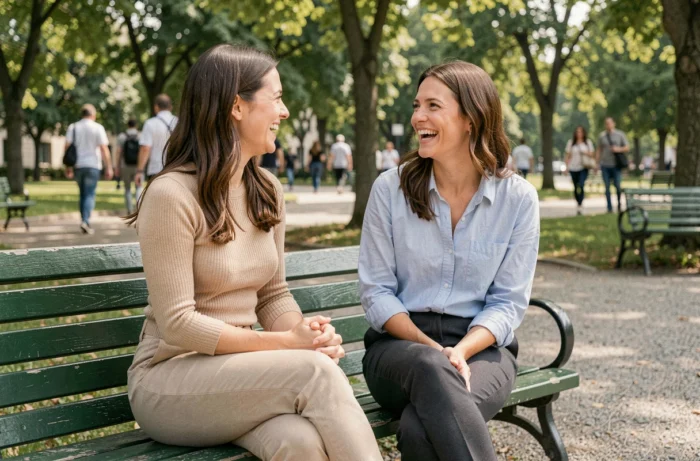 Deux femmes en tenue décontractée assises dans un parc urbain, discussion naturelle sur le confort vestimentaire féminin