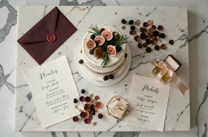 Flat lay de mariage avec gâteau naked cake, faire-part élégants et accessoires dorés sur marbre blanc