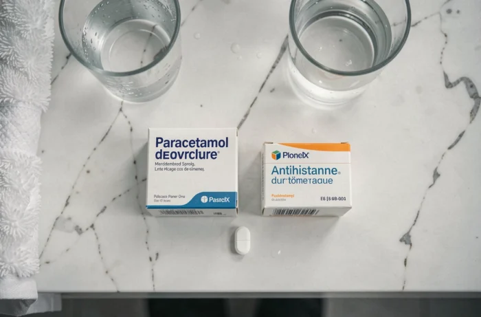 Vue de dessus de médicaments Doliprane et antihistaminique posés sur une étagère de salle de bain avec un verre d'eau