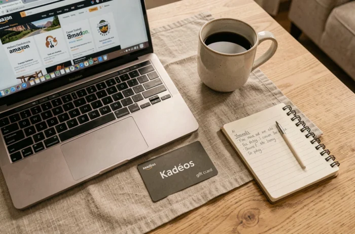 Carte cadeau Kadéos posée à côté d'un ordinateur portable affichant Amazon, avec carnet et café sur une table en bois