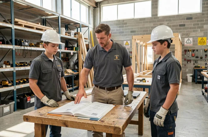 Formateur en bâtiment expliquant un manuel technique à un groupe d'apprentis équipés dans un atelier de formation professionnelle